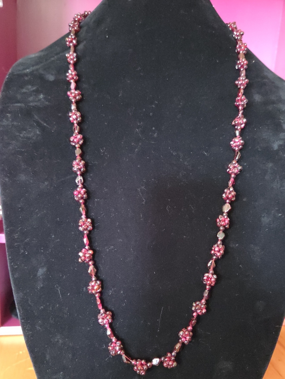 Vintage 34" Art Deco Bohemian Cherry Garnet Cluster Flapper Opera Necklace